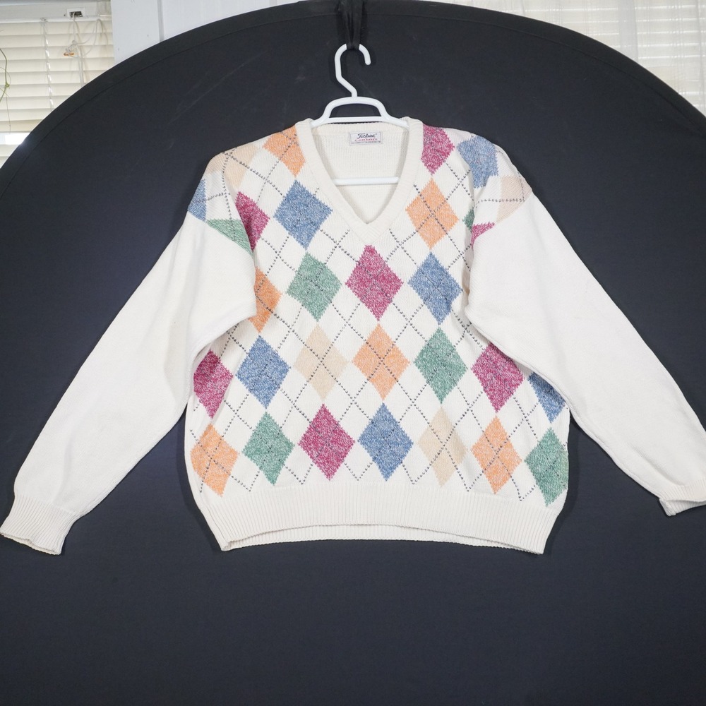 VTG Titleist Corbin Argyle Sweater Mens L Ivory Multi Color V-Neck Golfcore
